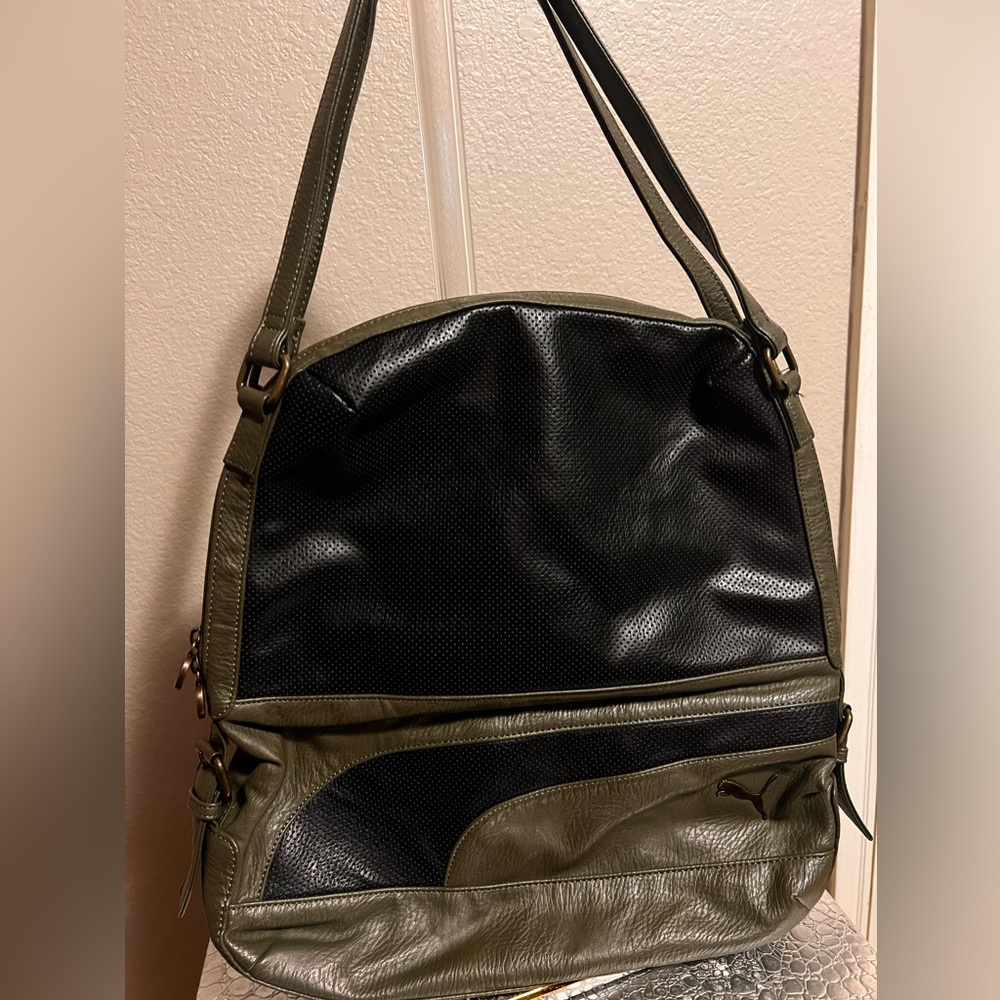PUMA Olive Green & Black Vegan Leather Shoulder Bag | Large Tote
